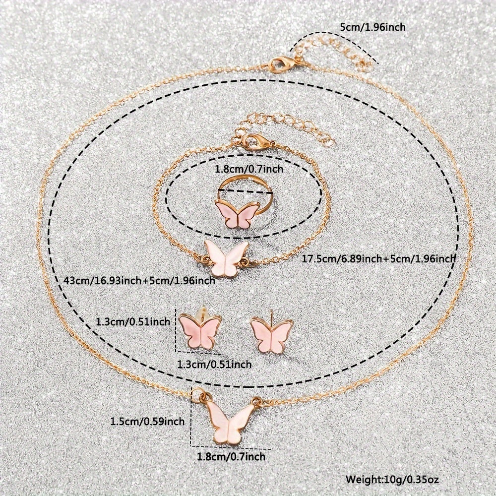 6-частный набор женских модных часов с милыми розовыми бабочками, кварцевыми часами, круглым корпусом, ремешком из PU-кожи, корпусом из цинкового сплава, не перезаряжаемой батареей. Включает браслет, серьги.