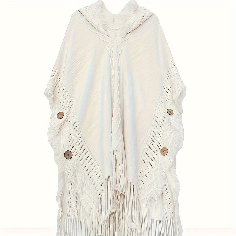 White Bohemian Style Fringed Hooded Poncho for Women Knitted Sweater Casual Shawl
