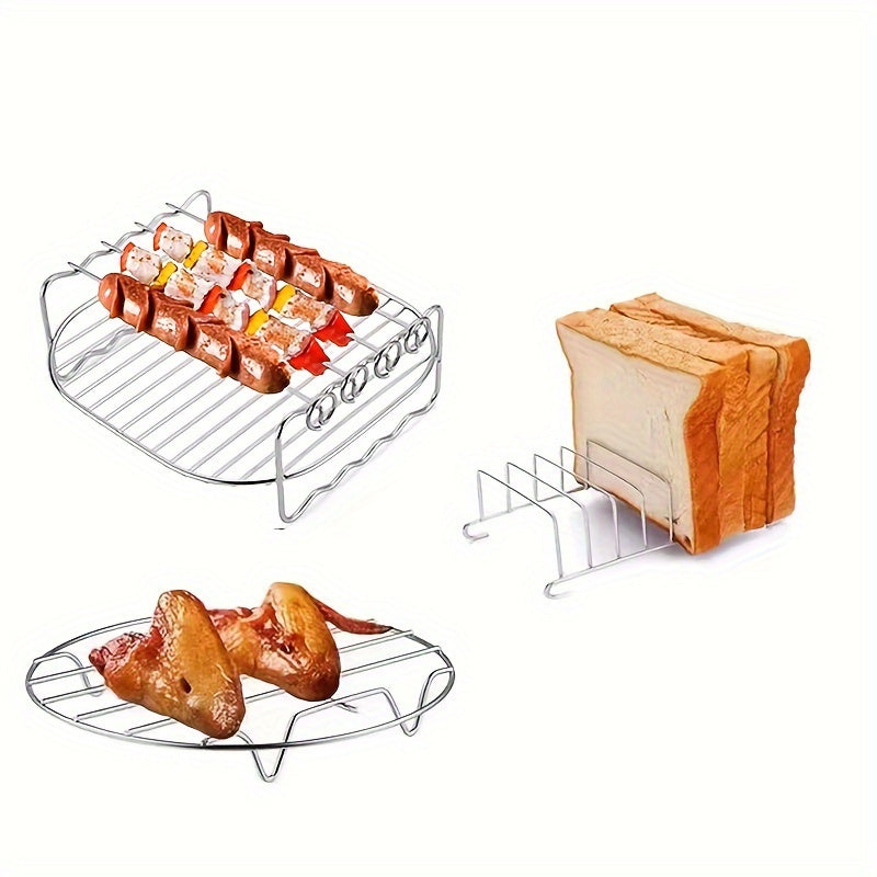 Stainless Steel Air Fryer Accessories Set with Double-Layer Grill Skewers Bread Rack and Steamer