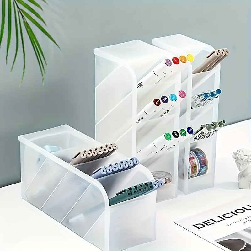 Ko'p funksiyali stol tashkilotchisi, shaffof plastik qalam ushlagichi va muzlatilgan qiyshiq qo'shimcha dizayni bilan. Ofis anjomlari, qalamlar, makiyaj cho'tkalari va lab bo'yoqlari uchun ishlatilishi mumkin. Siqilgan va joyni tejovchi.