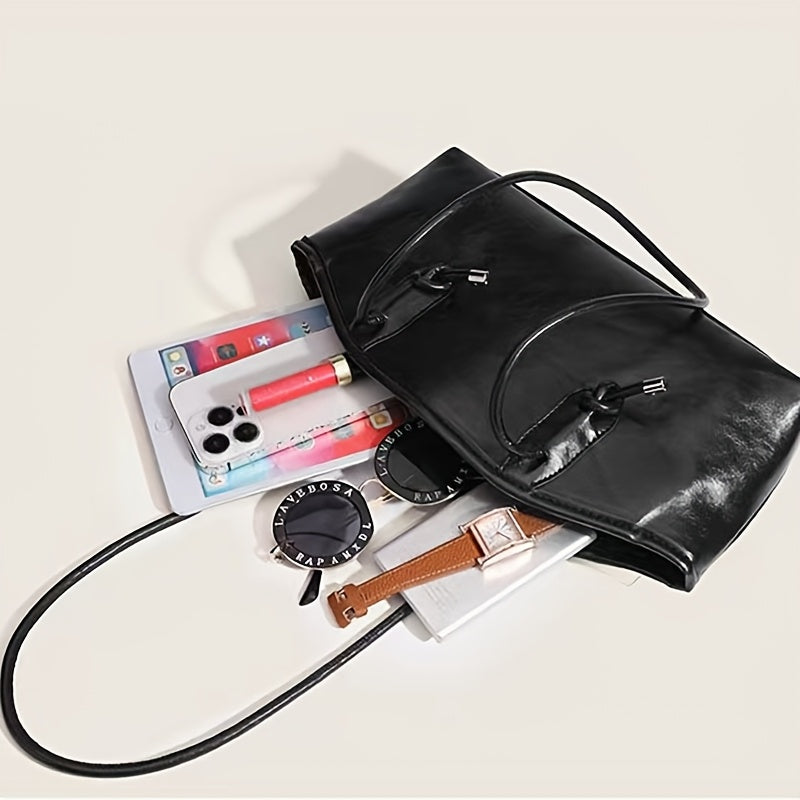 Women's Black Faux Leather Shoulder Bag with Hard Bottom and Large Capacity