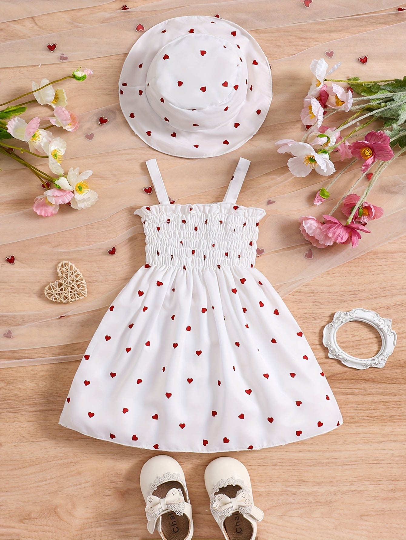 Girls 0-3 Years Summer Heart Print Dress Set with Halter Neck and Matching Hat in Two Colors