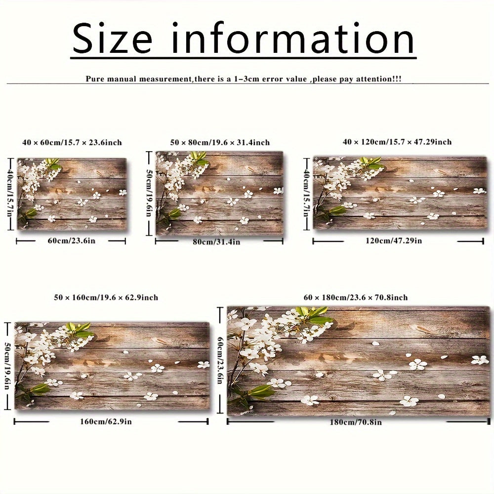 Oshxona yoki Kirish joyi uchun Bezak Gilam - Oq Gullar bilan Vintage Yog'och Taxta Gilam - Mashinada Yuvish mumkin - 5 o'lchamda mavjud