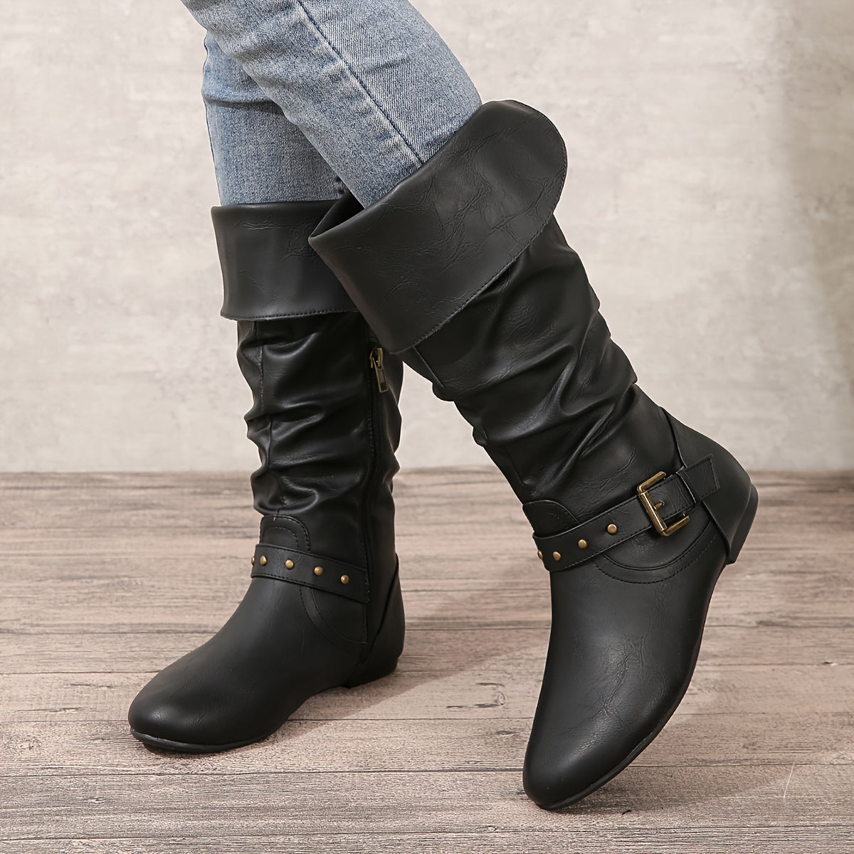 Women's Pleated Leather Knee High Western Boots with Buckle Strap