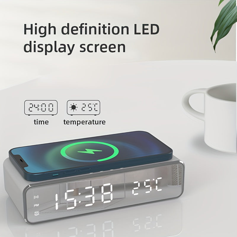 Wireless Charging Station with Alarm Clock Thermometer and Earphone Holder
