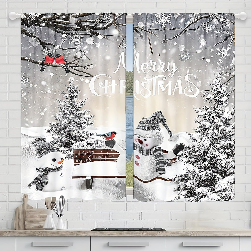 Christmas Curtains Set Snowman Pine Tree Semi-Sheer Polyester Easy Hang