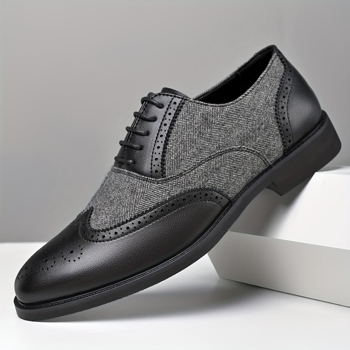 Men's Casual Leather Brogue Oxfords with Wingtip Design Rubber Sole