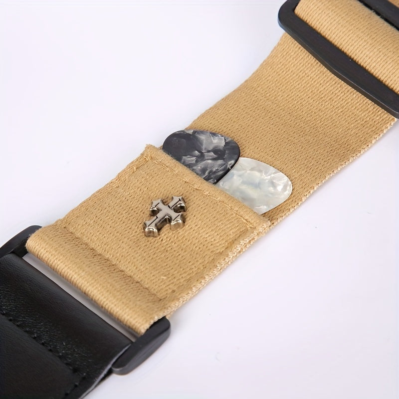 Correa de guitarra con bordado cruzado, ajustable para hombro, para bajo eléctrico, ukelele, negro, café, caqui