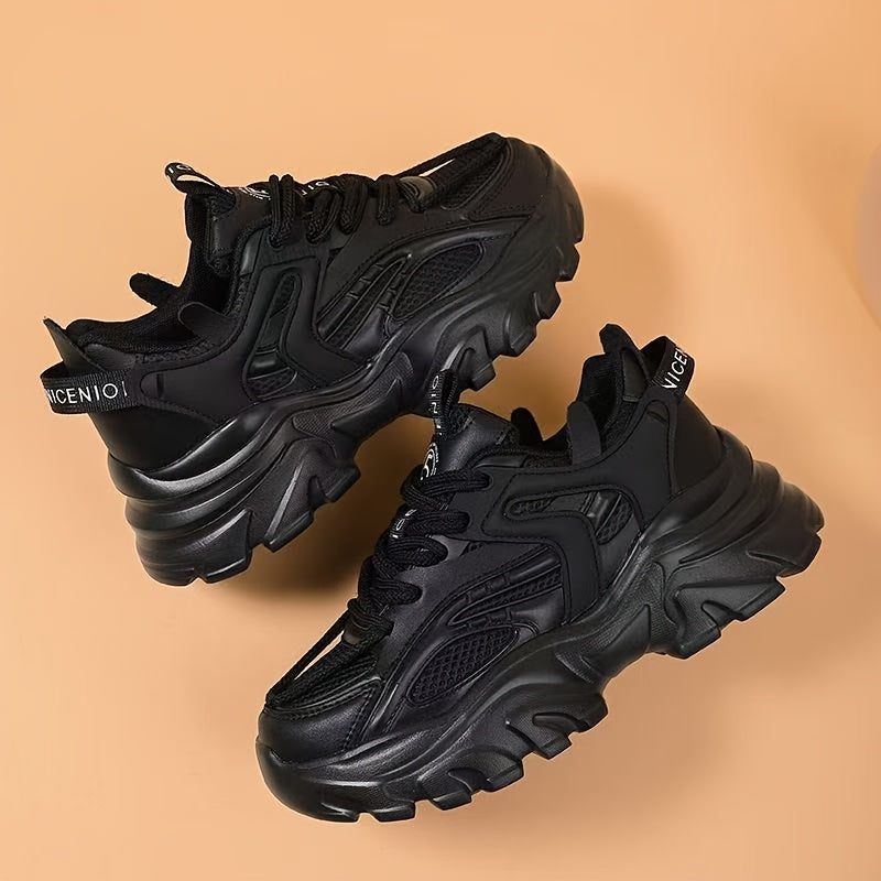 Ayollar uchun qora chunky sport poyabzali, nafas oladigan tarmoq, PVC, kundalik, pastki qism