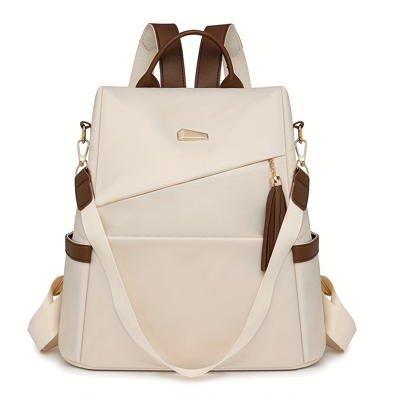 Women's Nylon Anti-Theft Backpack Purse in White and Brown with Adjustable Straps and Large Capacity