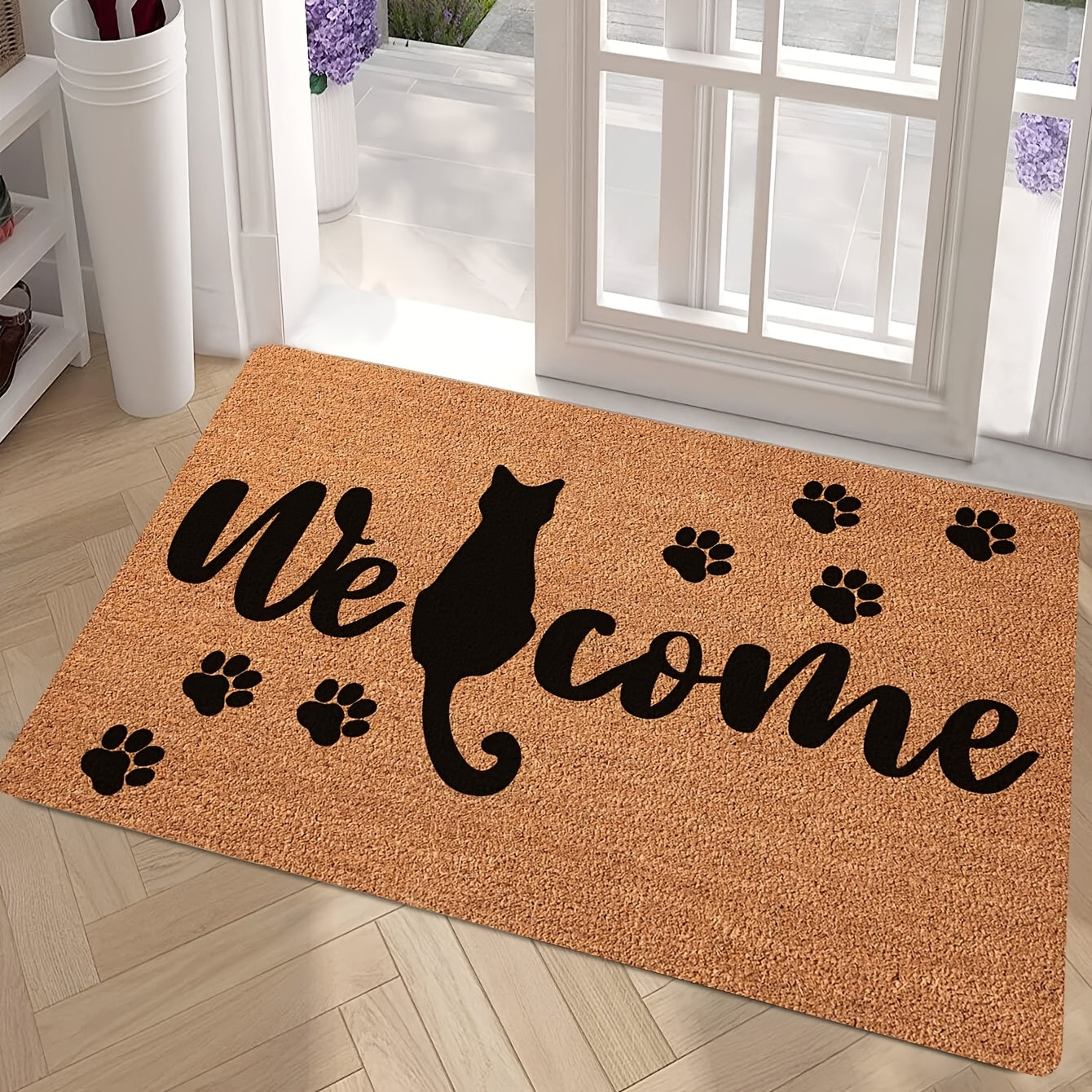Cat Welcome Doormat Stain-Resistant Polyester Indoor Outdoor Black Cat Silhouette