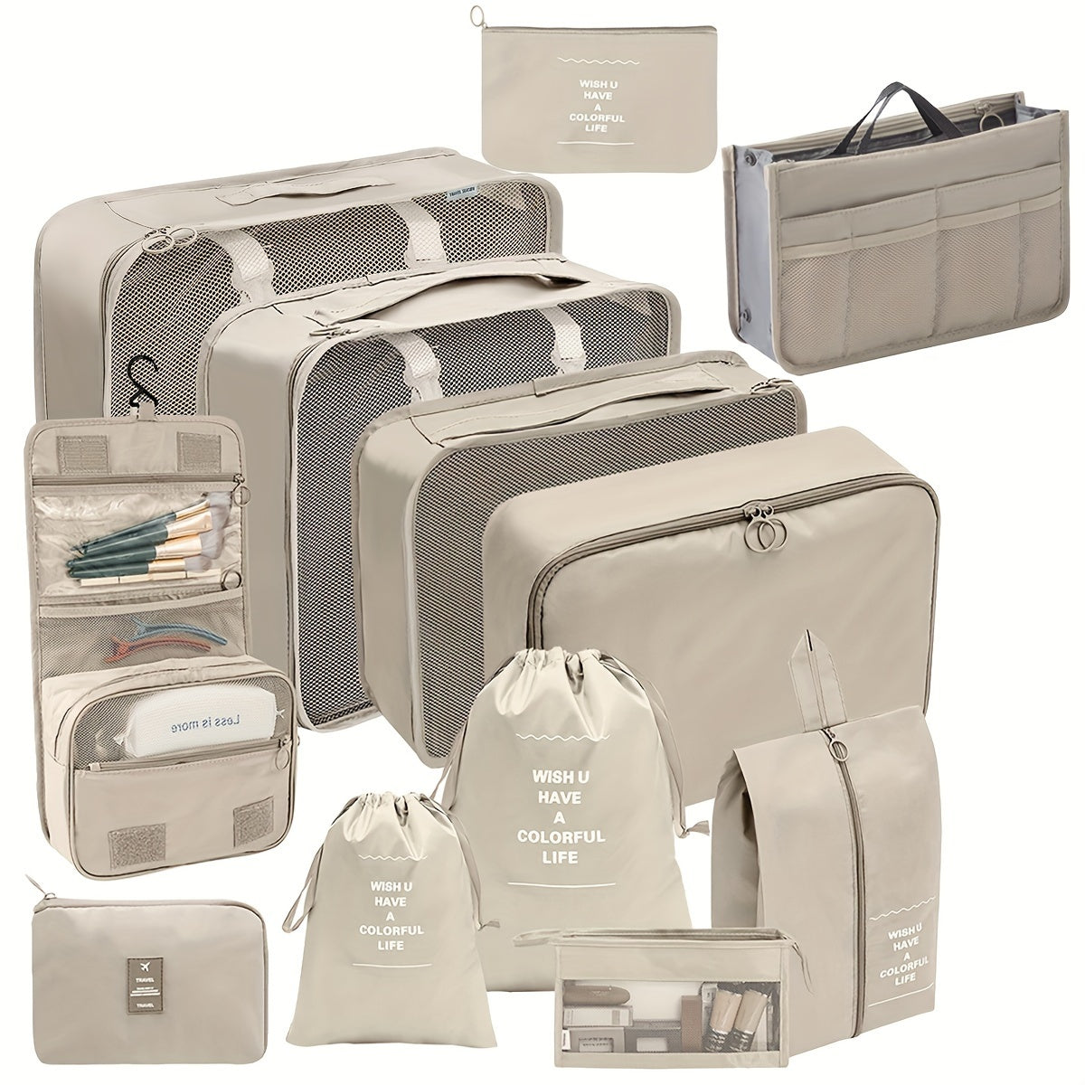 12-Piece Minimalist Travel Organizer Set Plastic Packing Cubes Toiletry Bag Shoe Storage