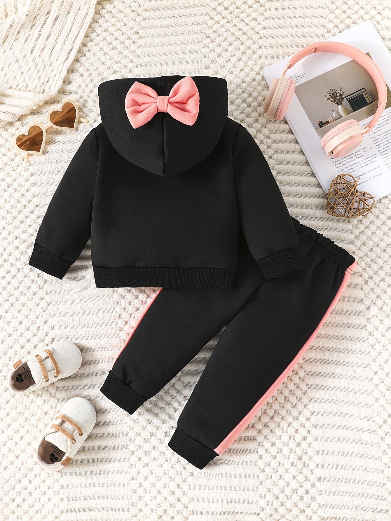 Baby Girl Casual Outfit Set with Hooded Sweatshirt and Bow Trousers for Spring and Fall