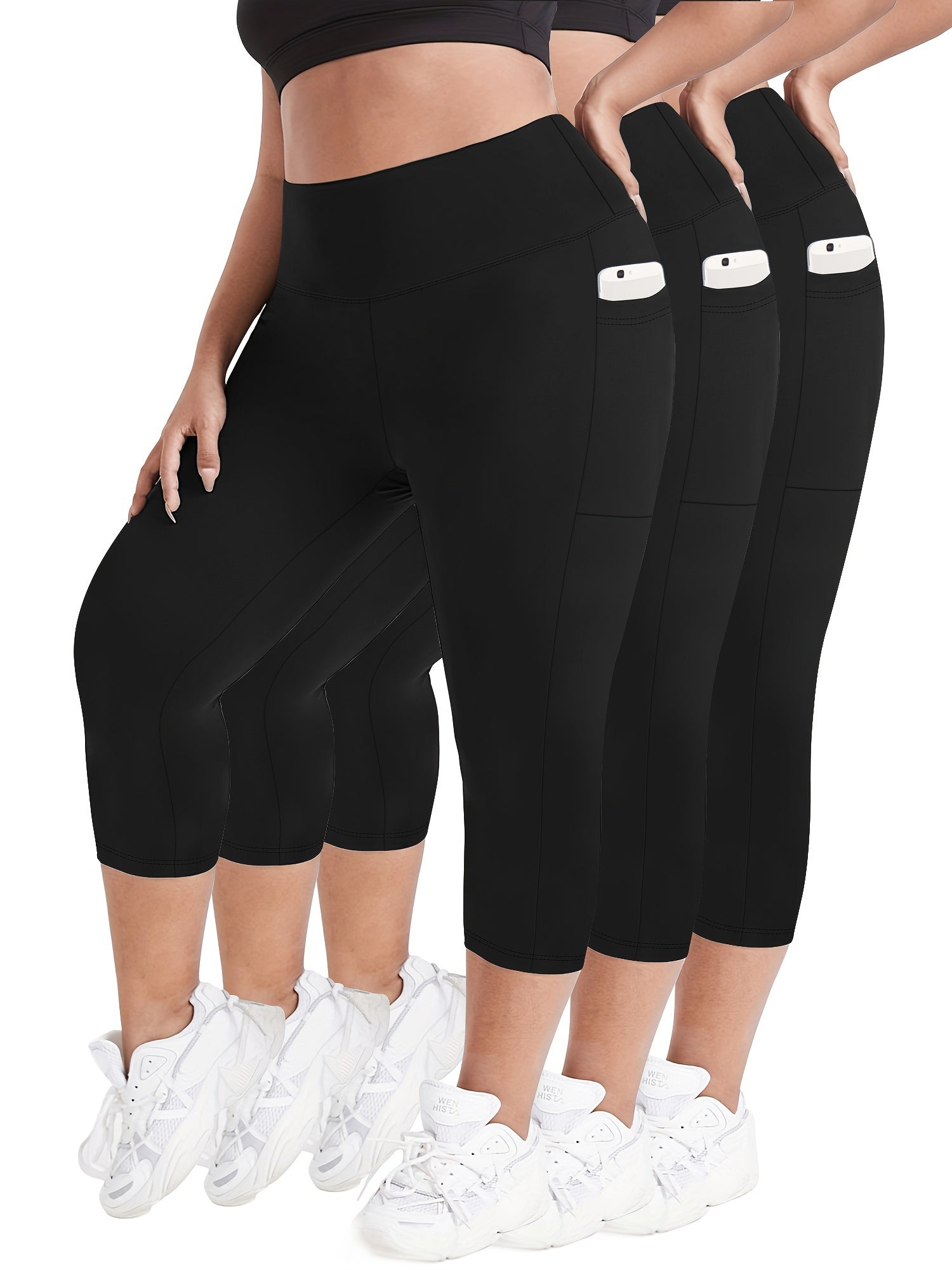 Plus Size Women Capri Leggings 3 Pack Tummy Control High Waist Pockets