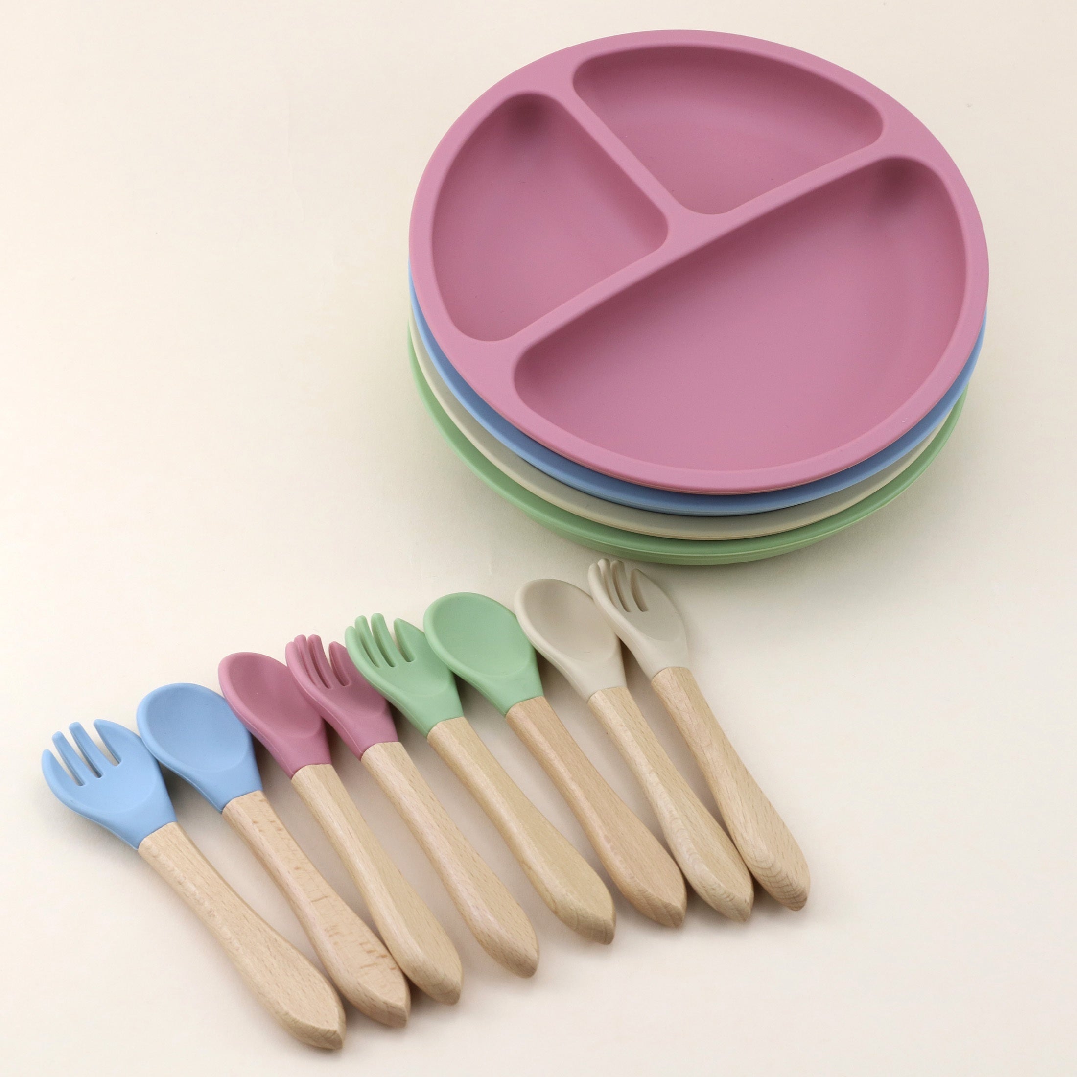 Baby Feeding Set 3-Piece Silicone Divided Plate with Suction Wooden Spoon Fork Red