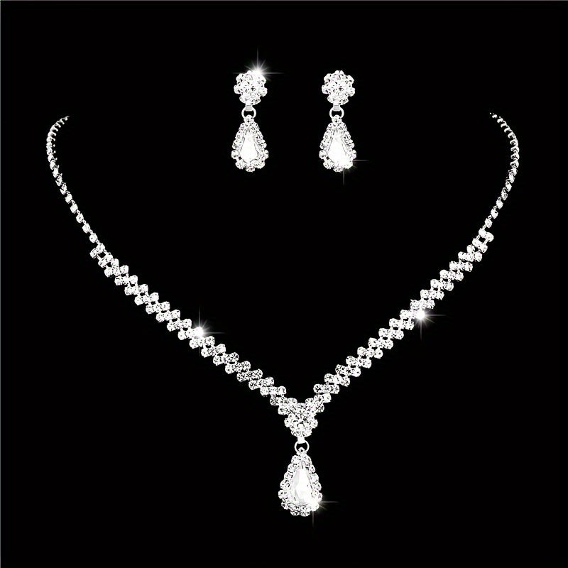 Silver Rhinestone Necklace and Earring Set with Teardrop Pendant for Weddings and Parties