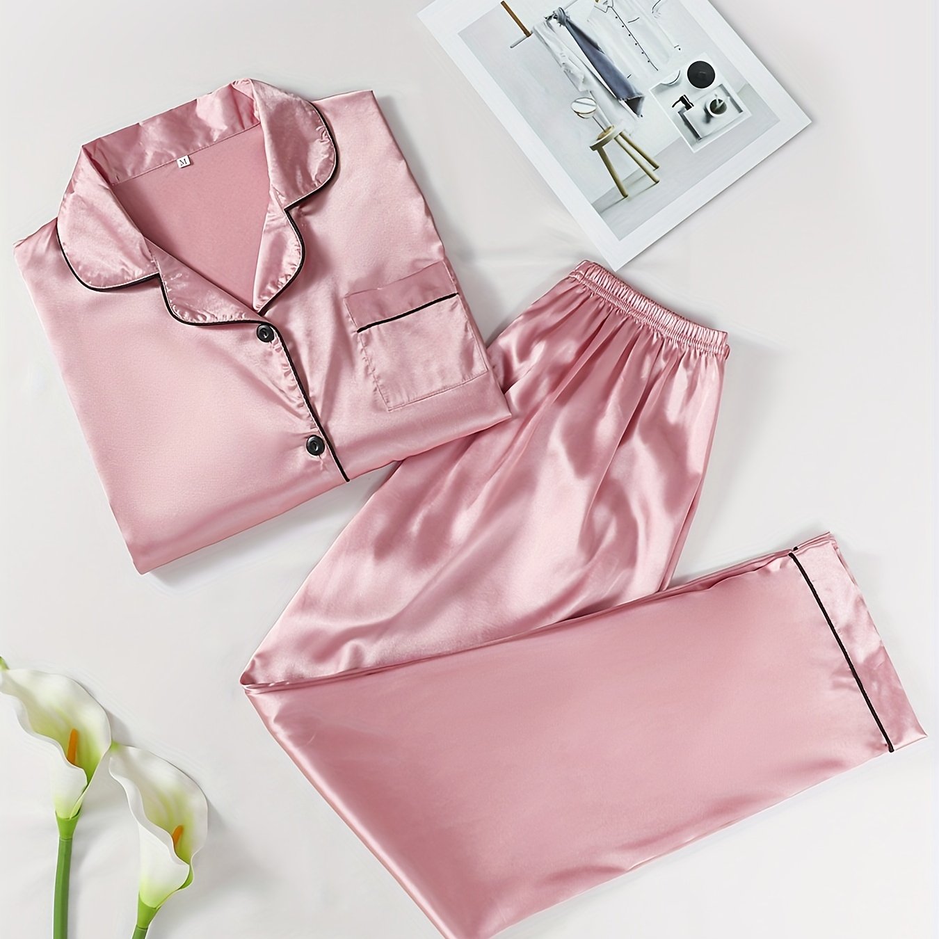 Women's Cotton Pajama Set with Lapel Collar and Solid Color Lounge Wear for Valentine's Day