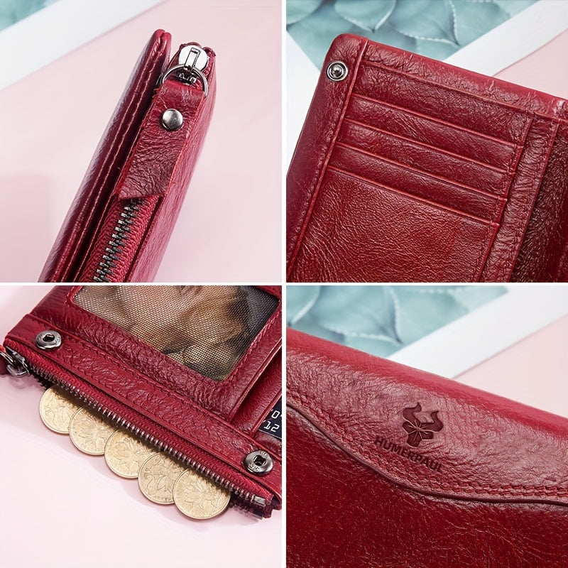 Vintage uslubidagi, ingichka fermuari bilan yopiladigan, emboslangan logotipga ega, har kuni foydalanish uchun mo'ljallangan, ixcham dizayndagi RFID to'suvchi qizil teridan yasalgan ayollar hamyon.