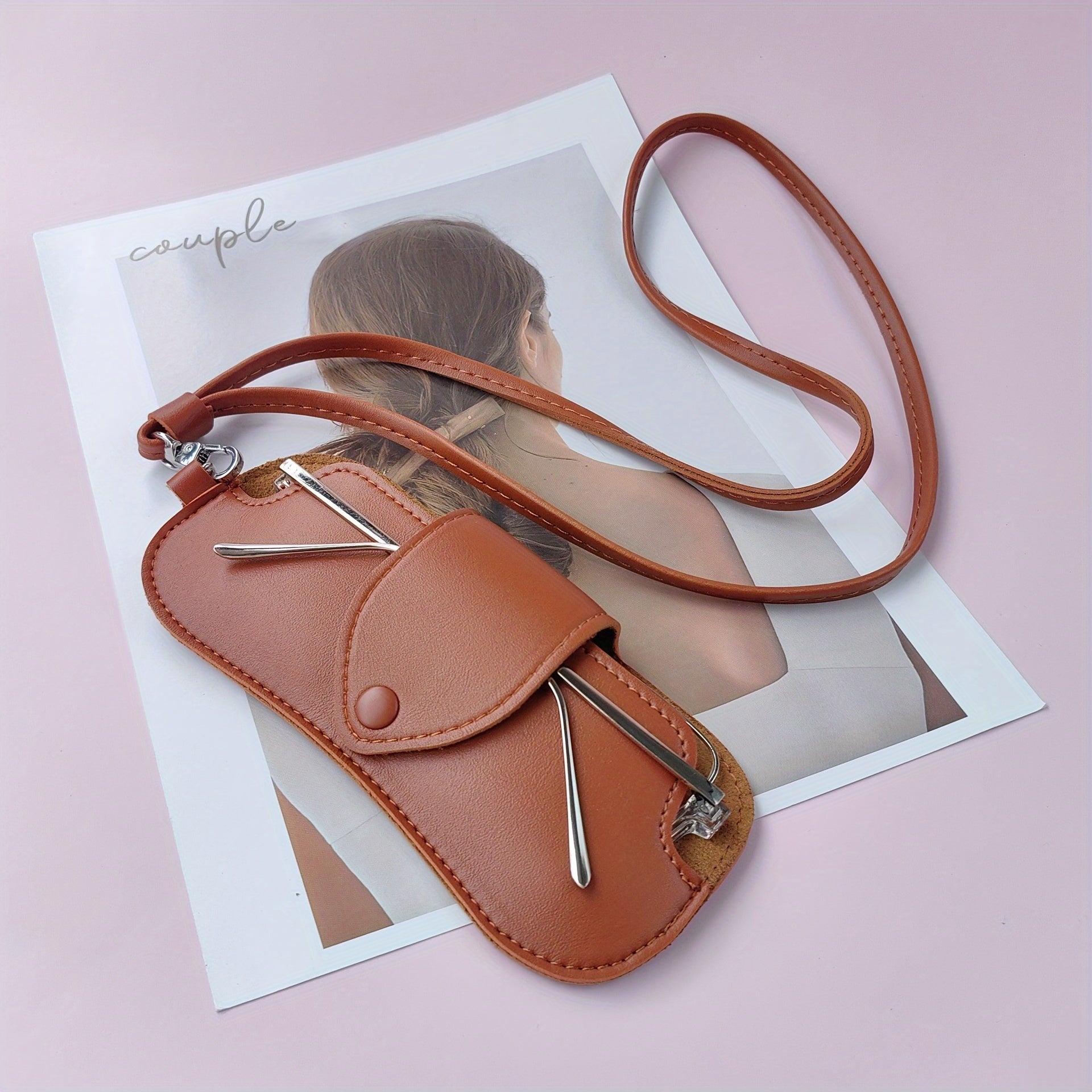 Unisex Brown Black PU Leather Eyeglass Case with Neck Strap and Holder