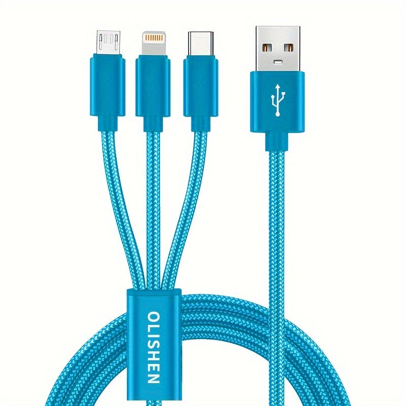 3-in-1 Nylon Braided USB Charging Cable with Fast Charging for iPhone, Samsung, Xiaomi