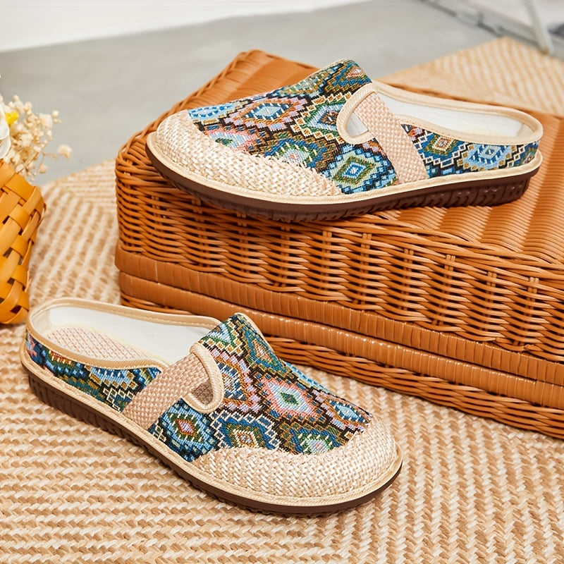 Women's Ethnic Style Slip-On Sandals with Fabric Upper and Low Heel