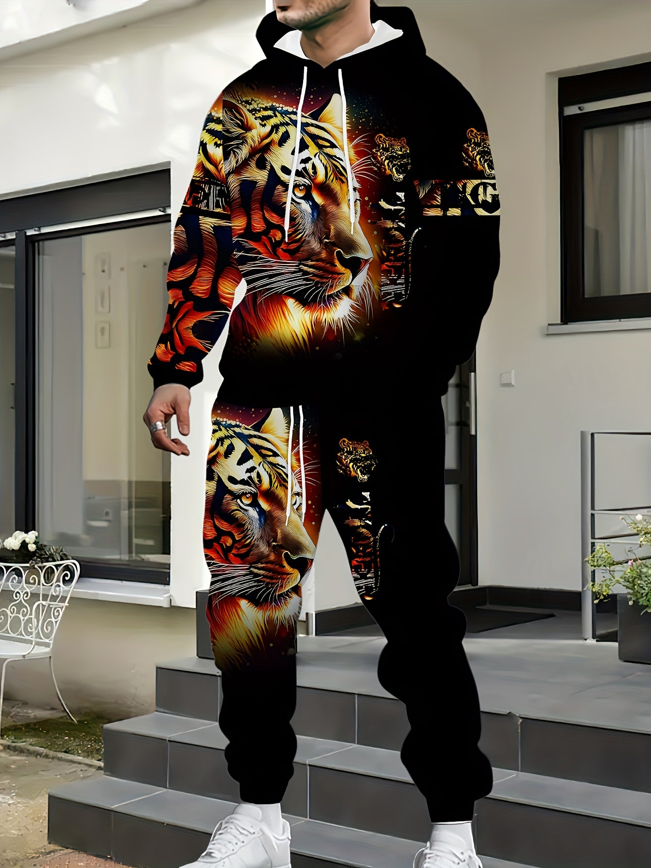 Men's Casual 2-Piece Tracksuit Hoodie and Sweatpants with Tiger 3D Print