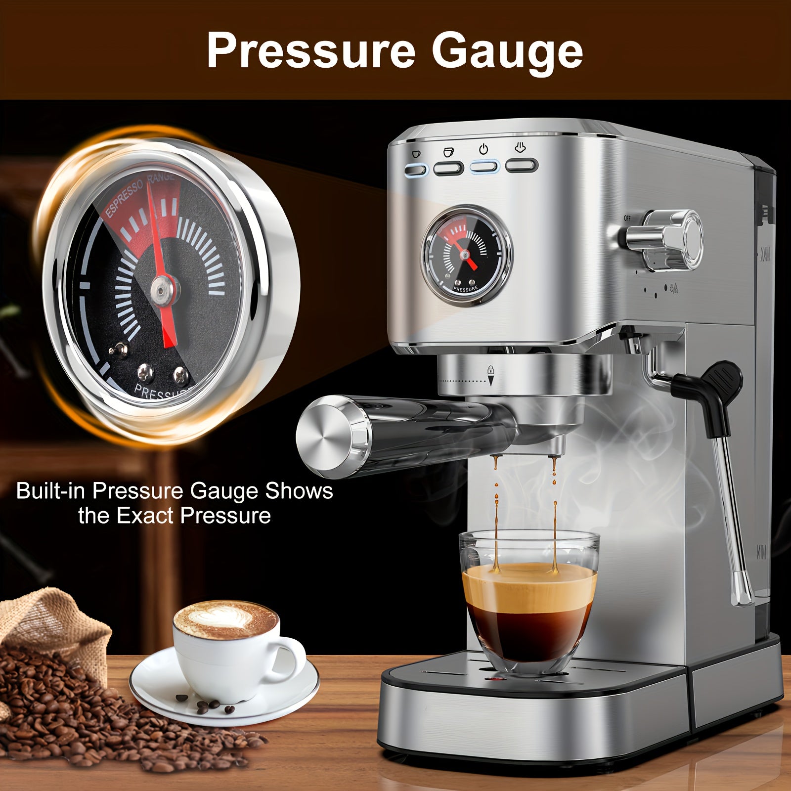 Stainless Steel Espresso Coffee Maker with 20 Bar Pump Digital Touch Screen Milk Frother for Home Office RV