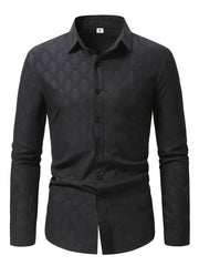 Ijodiy herringbone naqshli bosma ko'ylak, plussiz erkaklar uchun tor kesim. Biznes/rasmiy tadbirlar uchun mos.