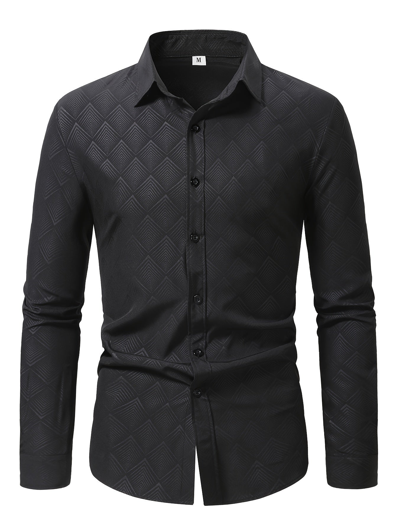 Ijodiy herringbone naqshli bosma ko'ylak, plussiz erkaklar uchun tor kesim. Biznes/rasmiy tadbirlar uchun mos.