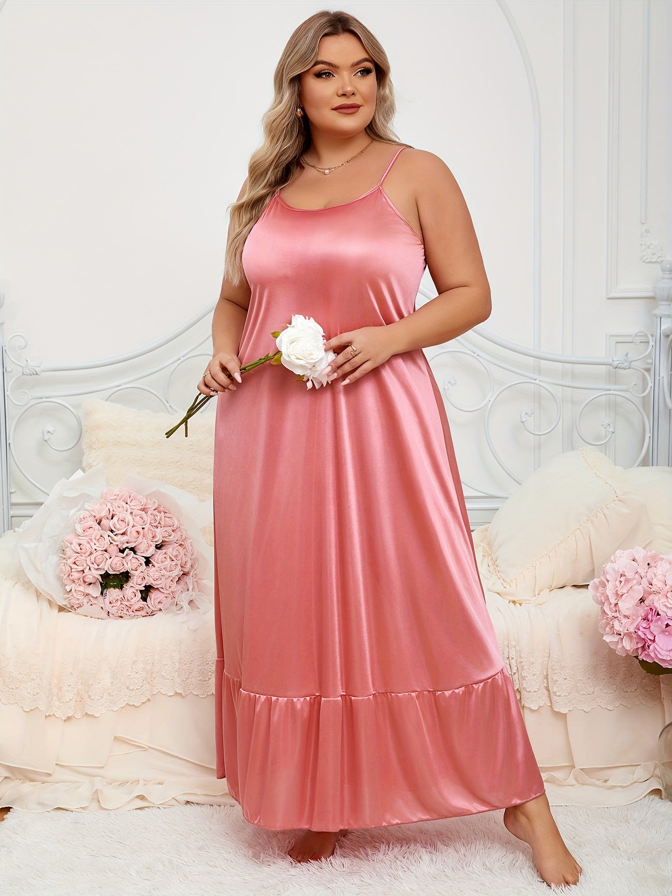 Women's Plus Size Satin Sleep Dress with Ruffle Hem and Round Neck