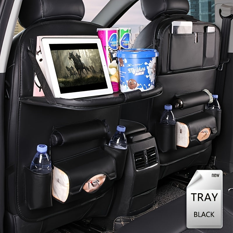 Universal Faux Leather Car Seat Organizer with Foldable Tray and Multiple Pockets