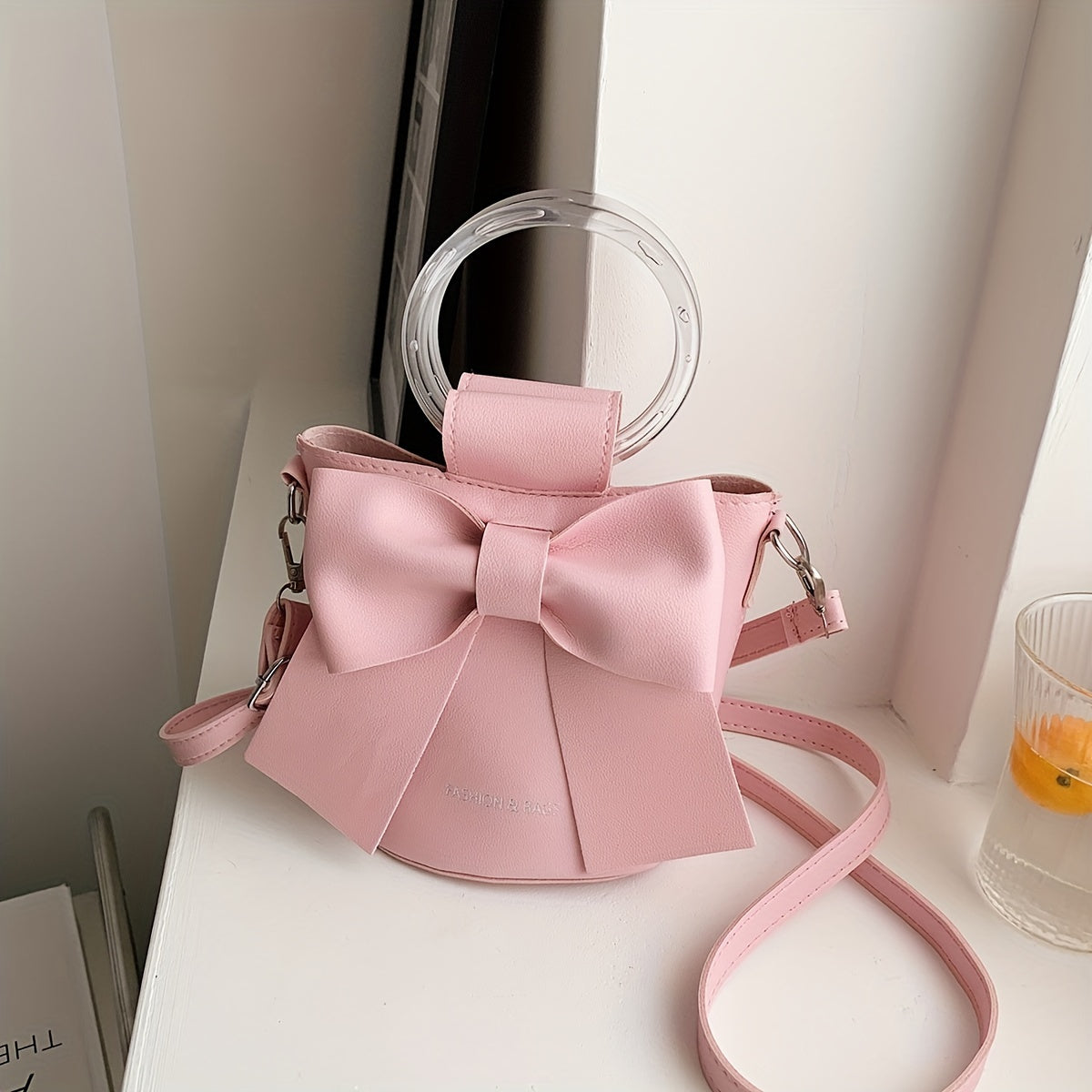 Women's Bucket Bag with Detachable Strap Bow Accent in Black White Pink Blue