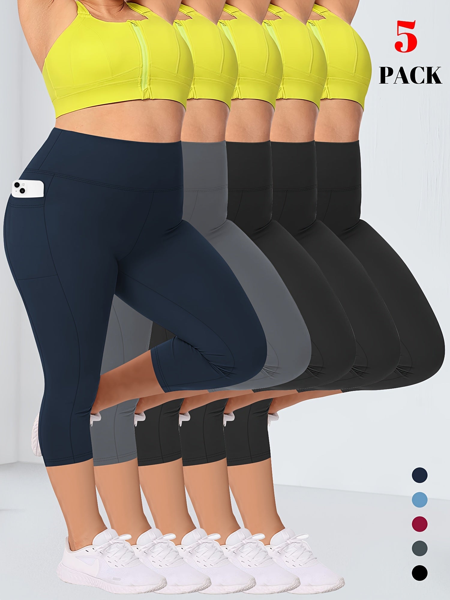 Women's High-Waisted Tummy Control Capri Leggings with Pockets, 4-Way Stretch