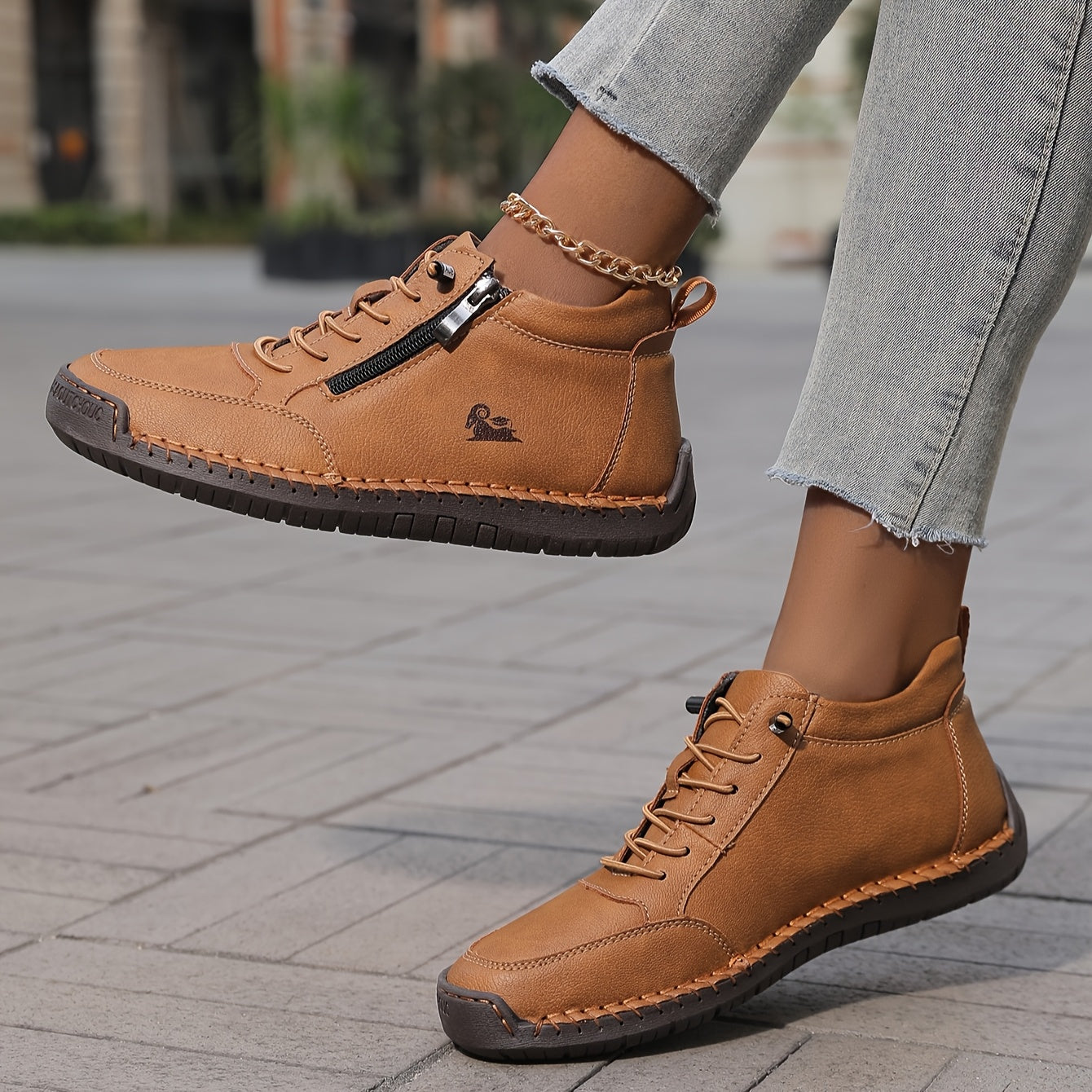 Women’s Handmade Stitched Leather Midband Slip-On Casual Short Boots