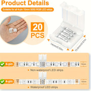 20 4-Pin LED Strip Connectors for SMD 5050 RGB Light Strips Solderless Connection