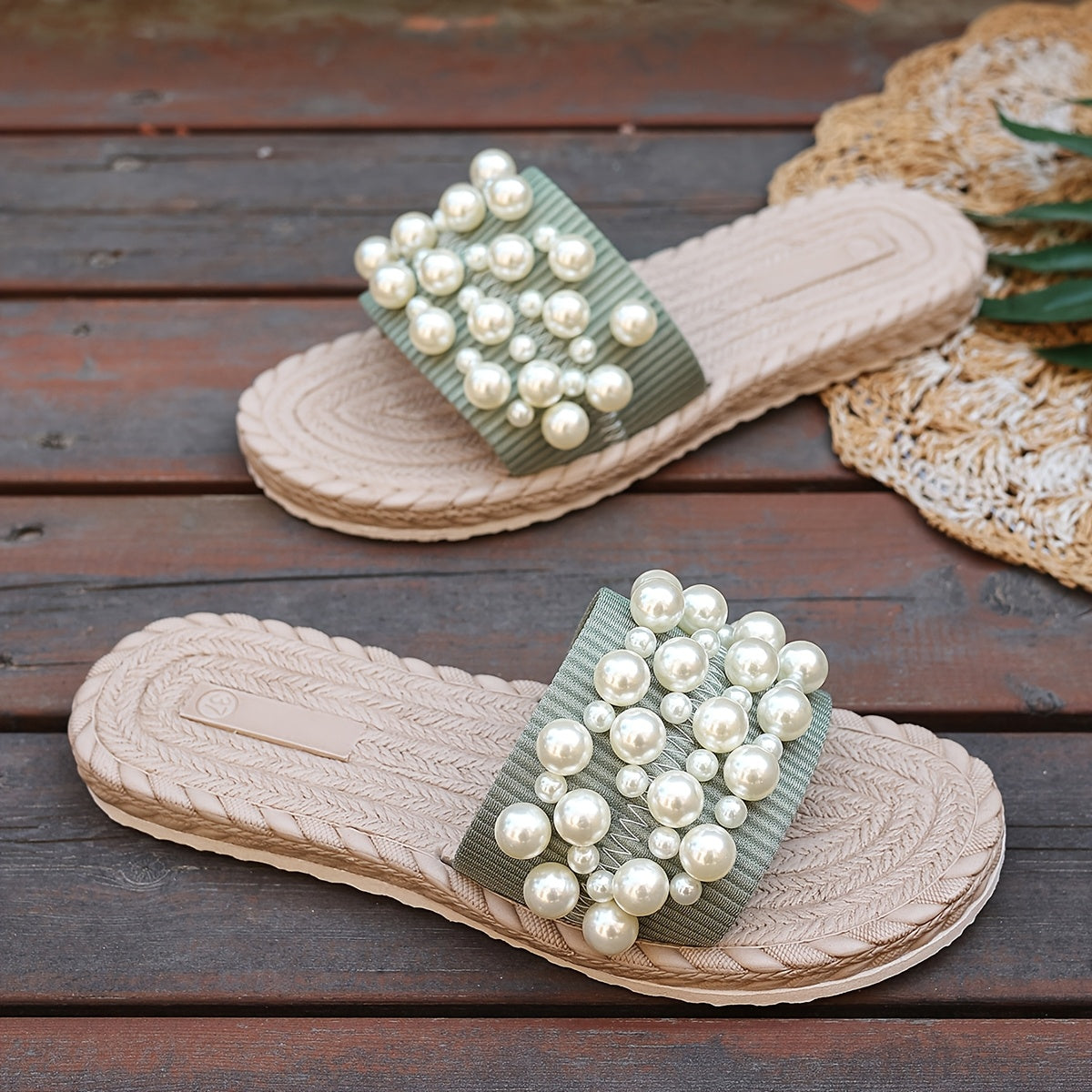 Women's Pearl Slide Sandals Lightweight Fabric Beige Open Toe Casual Slippers