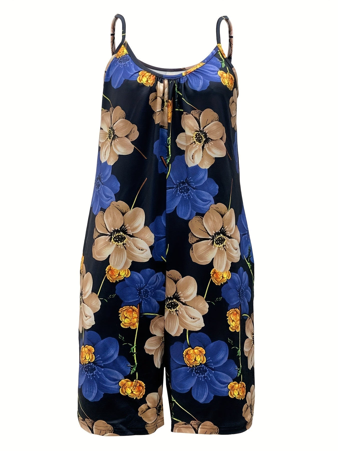 Plus Size Women's Floral Print Jumpsuit Black Blue Spaghetti Pockets Casual