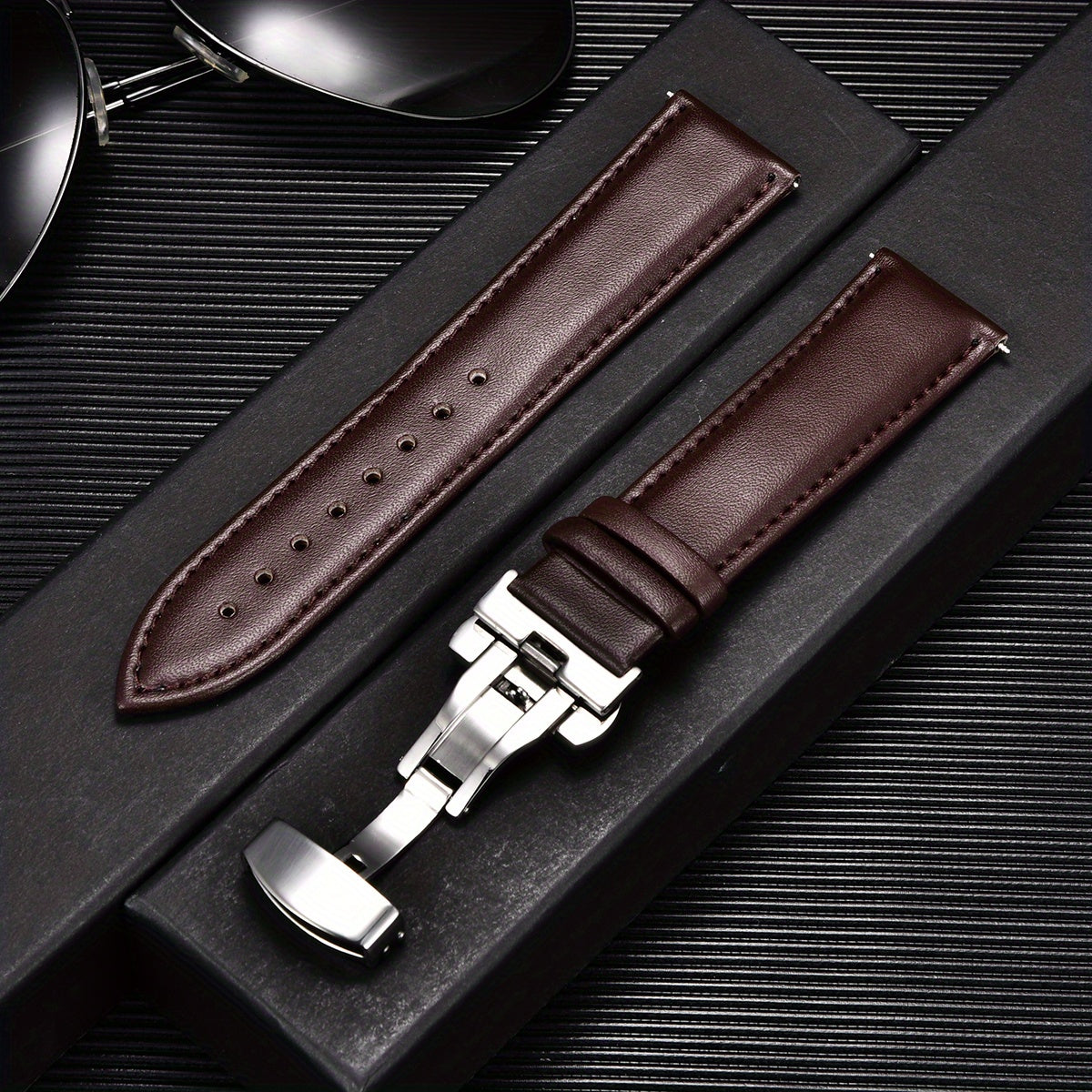 Double Press Solid Butterfly Buckle PU Leather Watch Strap 18mm 20mm 22mm 24mm