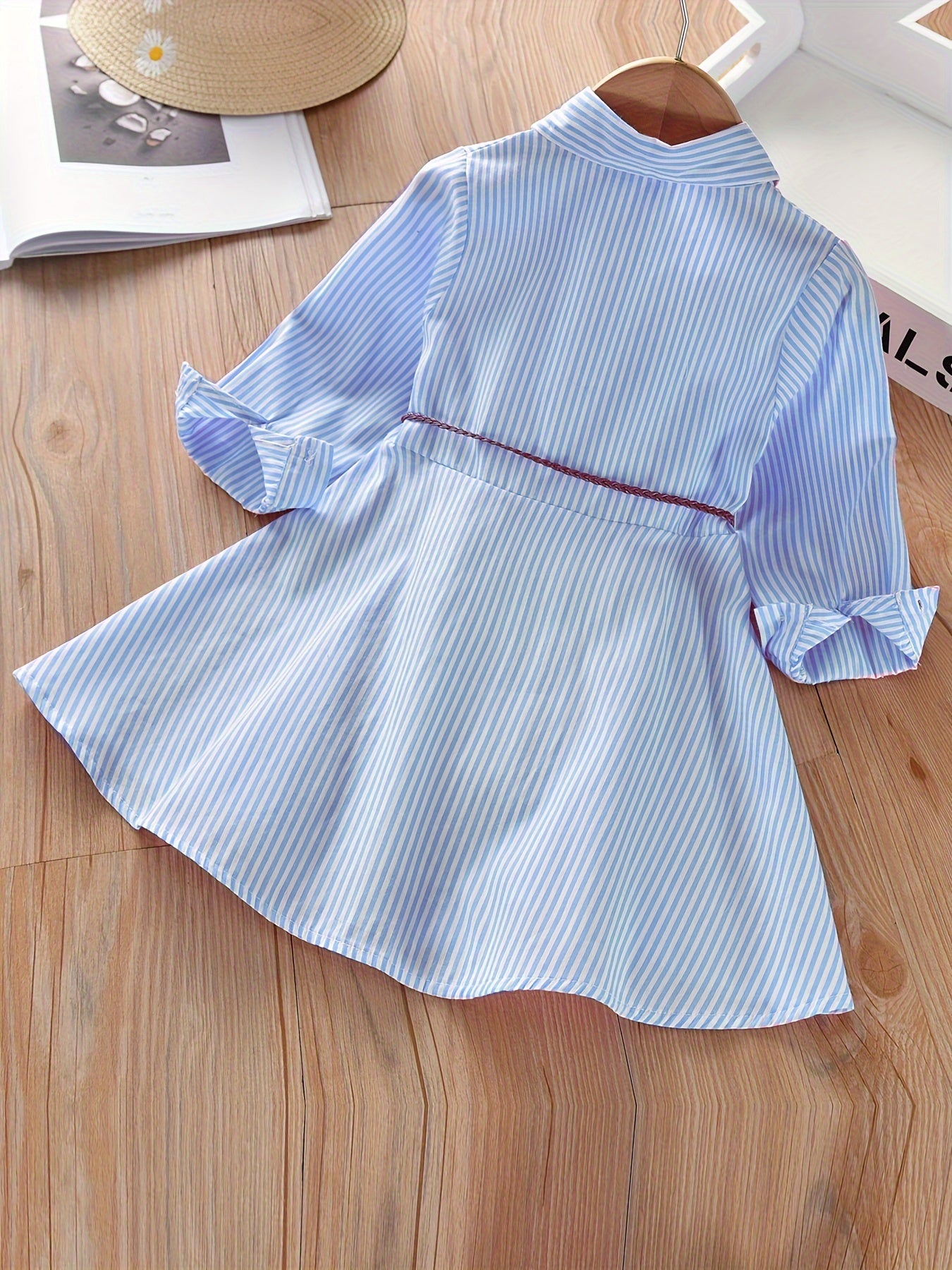 Girls' Striped Cotton Blend Shirt Dress with Pockets for Spring Summer Fall, One Size Smaller