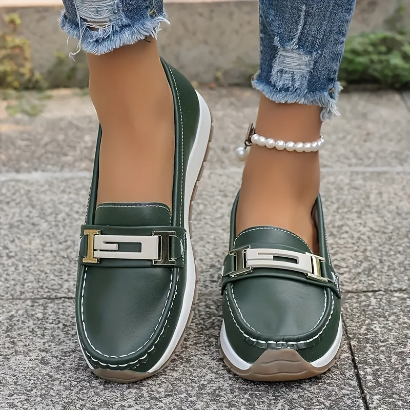 Women's Lightweight Slip-On Flats with Metallic Buckle Casual Shoes for Autumn