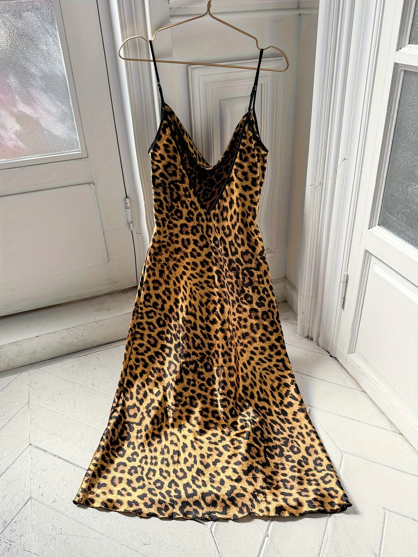 Leopard Print Cowl Neck Nightgown for Women Brown Black Polyester All-Season Sleepwear