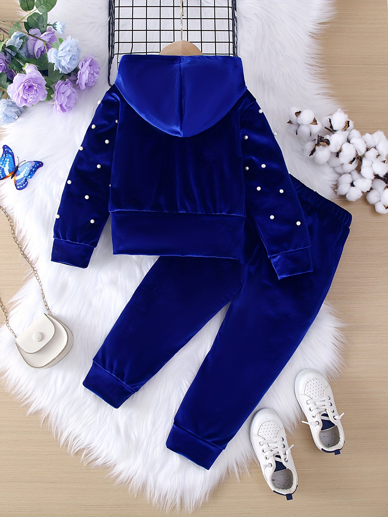 Girls Velvet Suit with Beaded Zipper Hooded Jacket and Trousers for Spring and Fall Outdoor Casual