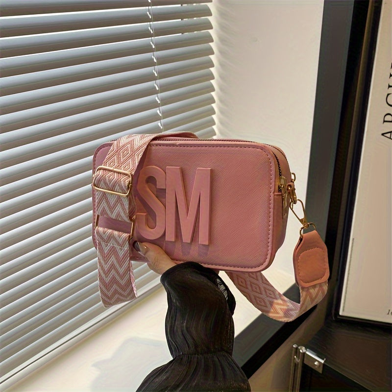 PU Crossbody Bag with Adjustable Wide Strap Zigzag Pattern in White Black Pink Light Brown
