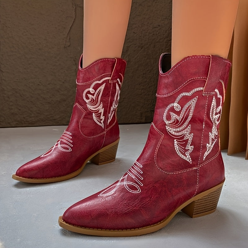Women's Western Knee-High Cowboy Boots Red Faux Leather Embroidered Pointed Toe