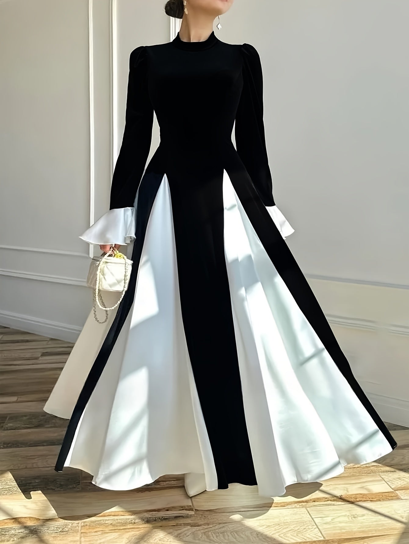 Adult Solid Color Polyester Crew Neck Long Dress Elegant Fitted All Season