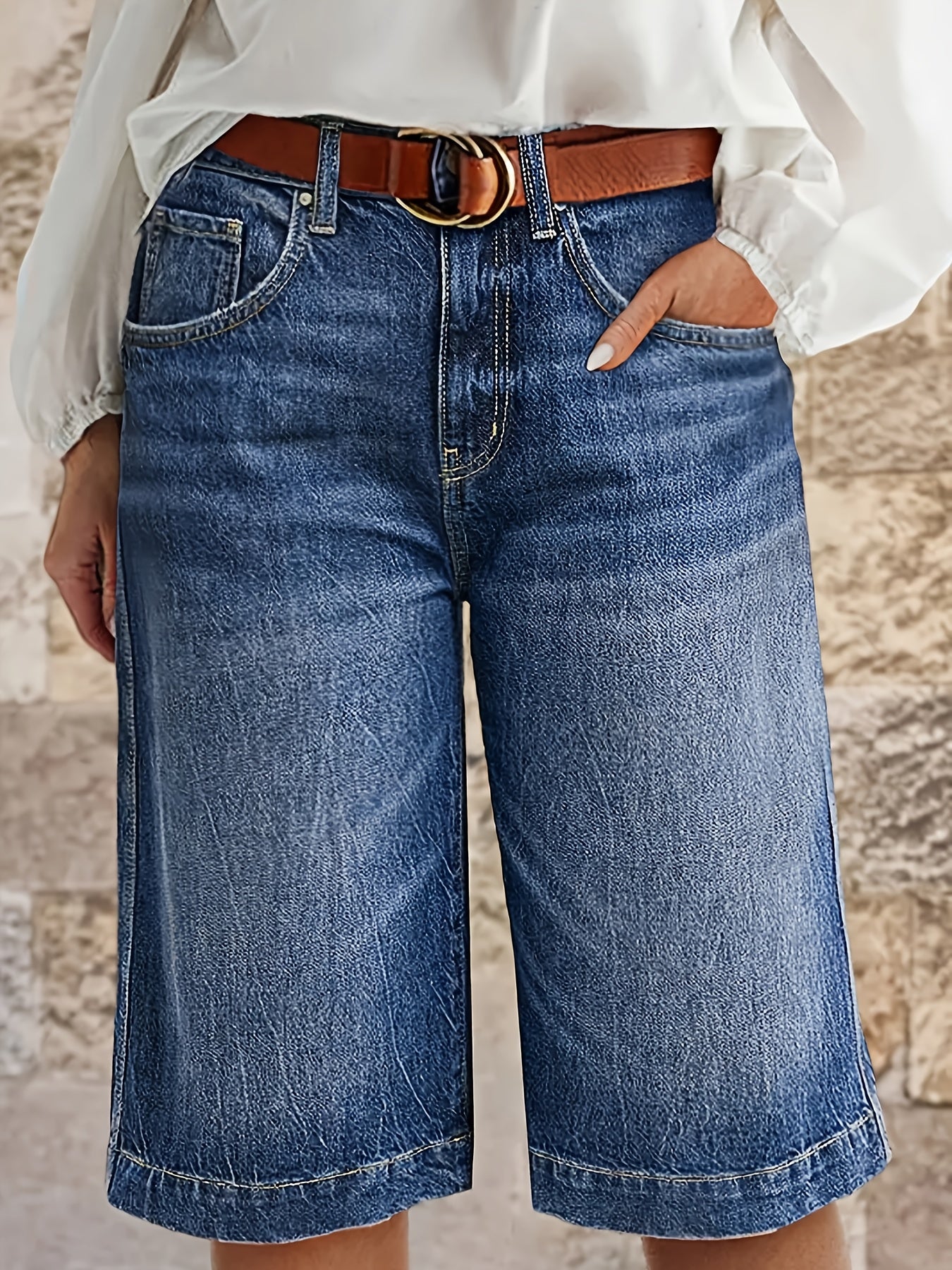 Plus Size Women's Stretch Denim Bermuda Shorts Mid-Rise Pockets Solid