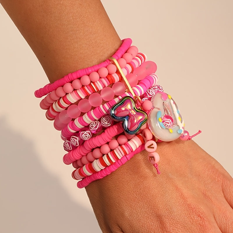 Pink Resin Beaded Bracelet with Heart and Butterfly Charms for Women