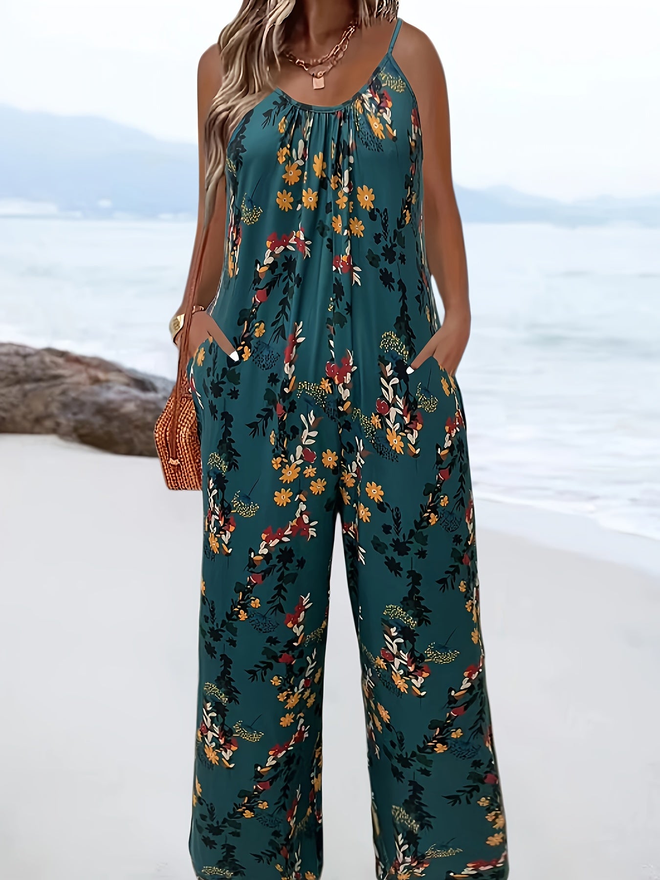 Mono casual de talla grande con bolsillos de estampado floral 3D estilo vacaciones