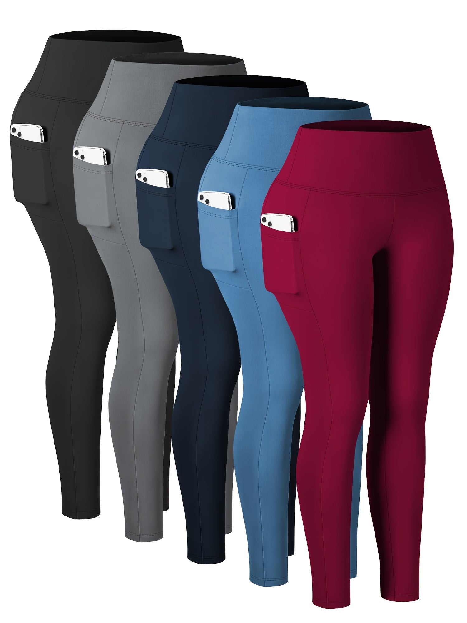 Plus Size Women High-Waisted Leggings Set With Side Pockets 5 Pack