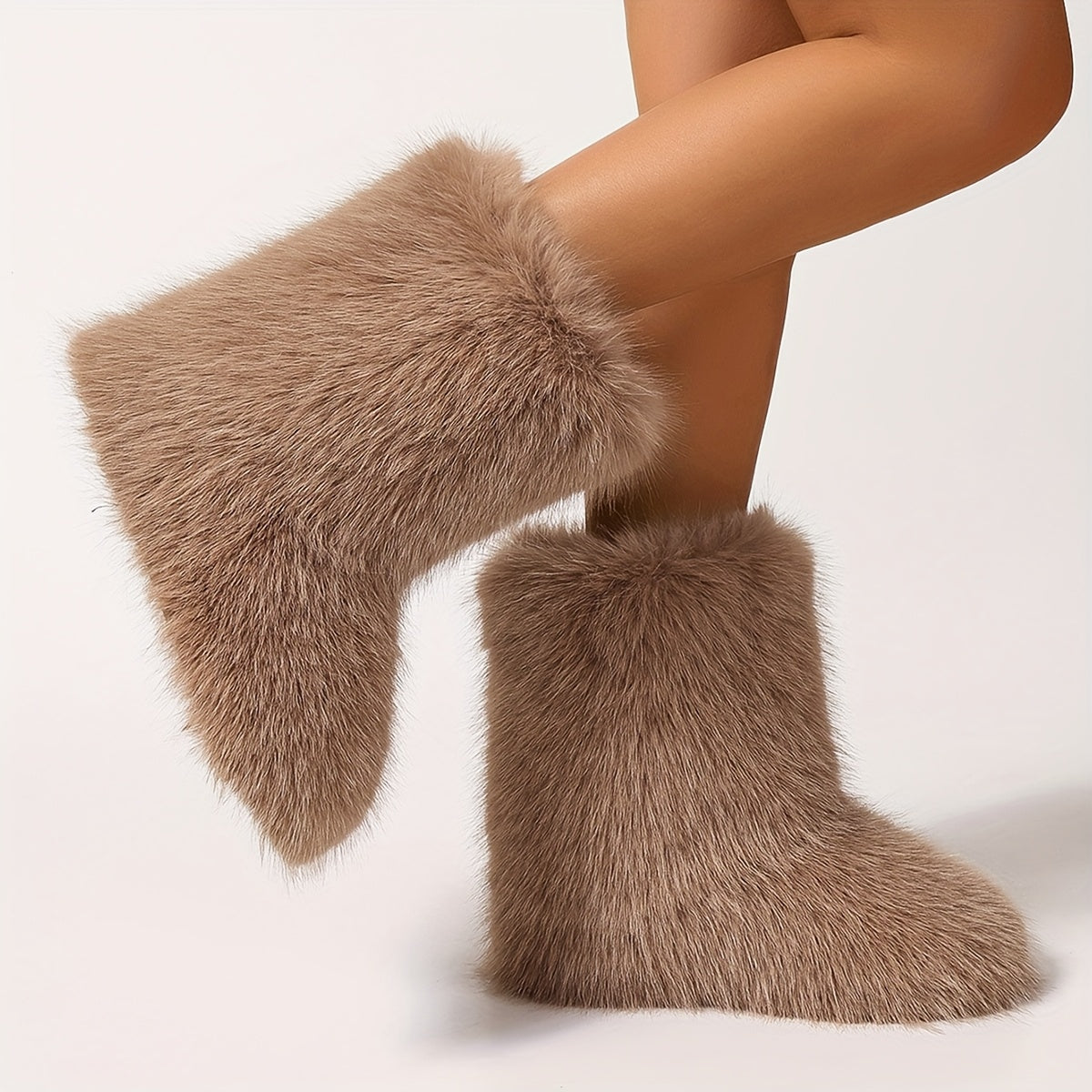 Women'S Winter High-Top Boots Faux Fur Mid-Calf Flat-Heeled Warm Shoes